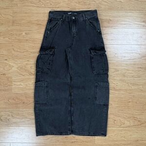 Old Navy Black Cargo Jeans 6 Mid Rise Baggy Wide Leg Drapey Denim Utility Pants